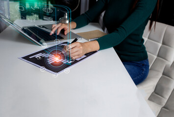 Hands of businesswoman working with smartphone  on office table, Financial interface icons for business analysis concept. 