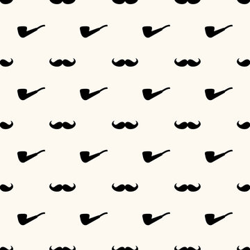 Seamless vector geometric pattern with mustaches and tobacco pipes. Background for Fathers Day. Modern simple hipster texture.