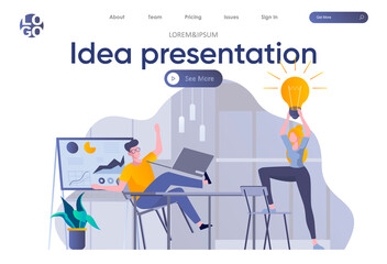 Idea presentation landing page with header. Startup founders discussing project, brainstorming and sharing ideas in office scene. Coworking, teamwork and creativity situation flat vector illustration.