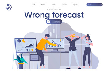 Wrong forecast landing page with header. Depressed and shocked people look at falling down chart in office scene. Company cost reduction, business failure and finance crisis flat vector illustration.