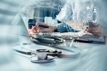 Medical technology and futuristic concept. Doctor hologram modern virtual screen interface.	
