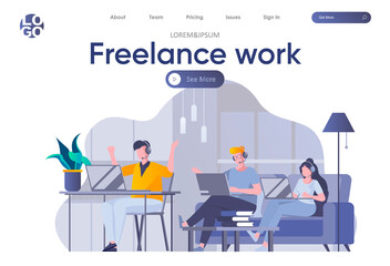 Freelance work landing page with header. Young developers team together working with laptops in coworking space scene. Remote work at company and self-employed occupation flat vector illustration.