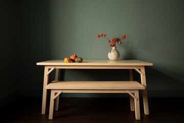 Interior wooden table and bench