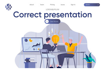 Correct presentation landing page with header. Marketing team create business presentation, brainstorming and sharing ideas in office scene. Coworking and teamwork situation flat vector illustration.