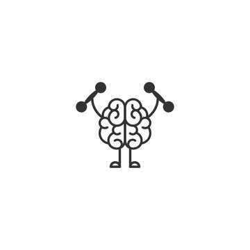 Black brain with dumbbells icon. Intellect, phsychology, knowledge simple pictogram isolated on white.