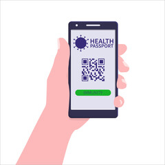 Vector illustration: hand with a phone. Electronic passport of immunity covid-19.