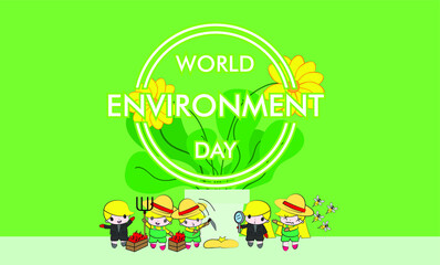 World Environment Day illustration of happy people playing with green plant and yellow flower. Social awareness concept for nature conservation event.