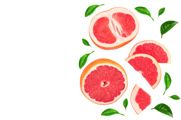 Grapefruit and slices isolated on white background. Top view with copy space for your text. Flat lay