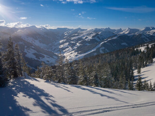 Scenic view of ski region Saalbach Hinterglemm in the Austria alps .