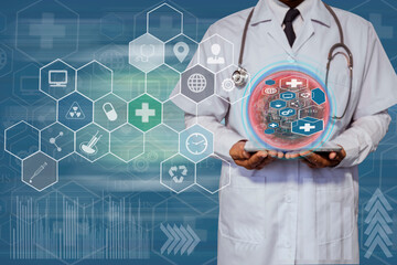 Healthcare and medicine doctor with computer interface as concept.