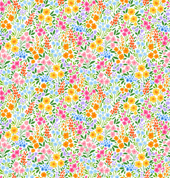 Cute floral pattern in the small flower. Ditsy print. Seamless vector texture. Elegant template for fashion prints. Printing with small colorful flowers. White background.