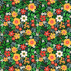 Trendy seamless vector floral pattern. Endless print made of hand draw flowers, leaves and berries. Summer and spring motifs. Dark green background. Vector illustration.