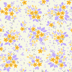 Fototapeta na wymiar Cute floral pattern in the small flower. Ditsy print. Seamless vector texture. Elegant template for fashion prints. Printing with small yellow and lilac flowers. White background.