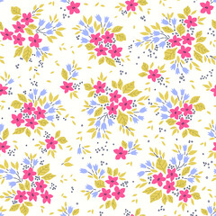 Fototapeta premium Floral pattern. Pretty flowers on white background. Printing with small pink and pale blue flowers. Ditsy print. Seamless vector texture. Spring bouquet.