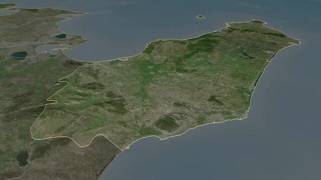 Nabeul, governorate with its capital, zoomed and extruded on the satellite map of Tunisia in the conformal Stereographic projection. Animation 3D