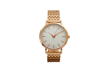 Dress wristwatch with gold metal engineer bracelet and white dial face isolated on white background.