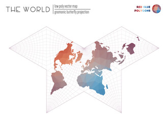 Low poly world map. Gnomonic butterfly projection of the world. Red Blue colored polygons. Elegant vector illustration.
