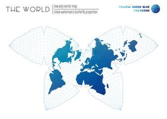 Vector map of the world using Steve Waterman's butterfly projection. Yellow, green, and blue colored polygons. Beautiful vector illustration.