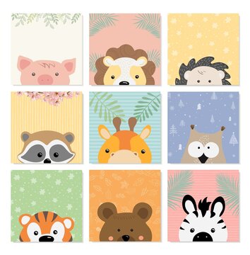 Vector illustration cute postcards with animals. Hand-drawn.