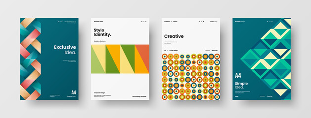 Fototapeta premium Company identity brochure template collection. Business presentation vector A4 vertical orientation front page mock up set. Corporate report cover abstract geometric illustration design layout bundle.