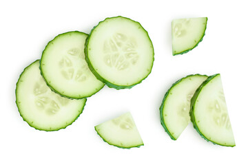 Sliced cucumber isolated on white background with clipping path and full depth of field, Top view. Flat lay