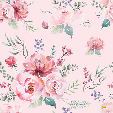 Pink rose flower seamless pattern abstract pastel color backgroud. Illustration watercolor hand drawing for fabric or packaging design