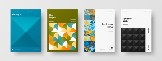 Fototapeta premium Company identity brochure template collection. Business presentation vector A4 vertical orientation front page mock up set. Corporate report cover abstract geometric illustration design layout bundle.