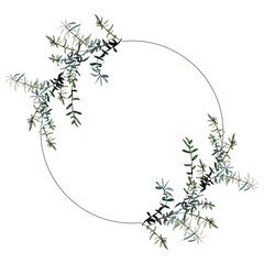 Wreath of green rosemary twigs. Herbal circle frame isolated on white. Watercolour illustration. For menu, recipes, cookbook, packaging design, invitations and cards.