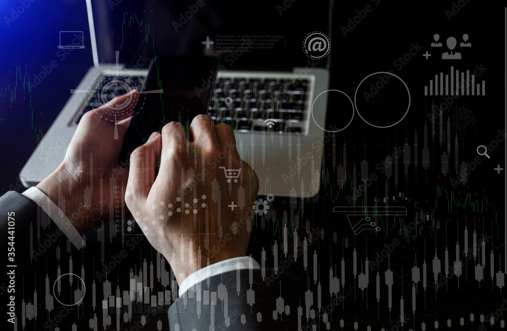 Poster concept of digital diagram and graph interfaces virtual screen connections icon. business hand worki