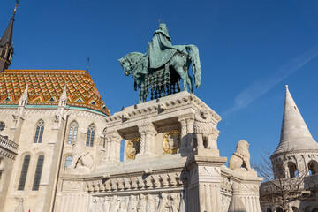 Bronze equestrian statue of King Stephen in front of Matthias Church in Budapest