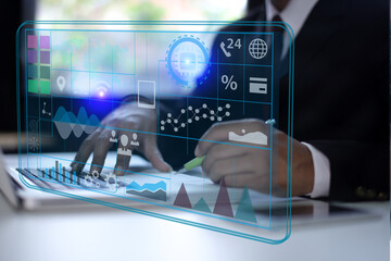 Concept of digital diagram, graph interfaces icons, virtual screen, connections icon on blurred background. business people hands working with startup project  network online.