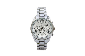 Silver colored chronograph wristwatch with oyster bracelet, white dial face and roman numerals isolated on white background.