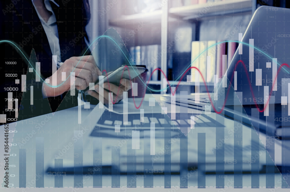 Poster concept of digital diagram and graph interfaces virtual screen connections icon. business hand worki