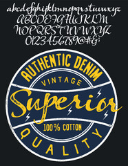 Denim Clothing print for t-shirt or apparel. Retro artwork for fashion and printing. Old school vector graphic with denim theme and typography. Vintage effects are easily removable.Vintage Font 