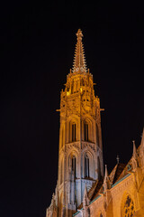Fototapeta na wymiar Bell tower of Matthias church with light in Budapest night