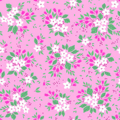 Fototapeta na wymiar Floral pattern. Pretty flowers on pink background. Printing with small white flowers. Ditsy print. Seamless vector texture. Spring bouquet.