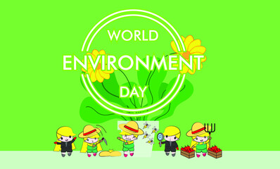 World Environment Day illustration of happy people playing with green plant and yellow flower. Social awareness concept for nature conservation event.