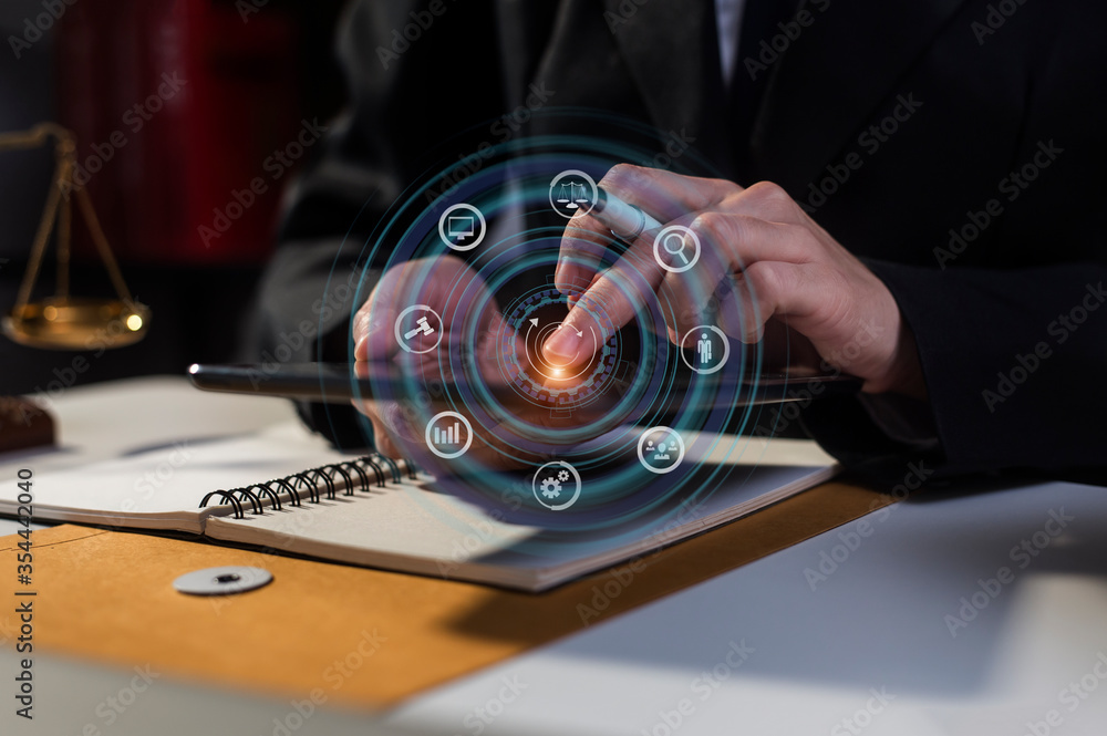 Poster businessman hands using tablet with technology and interface icon network connection. business strat