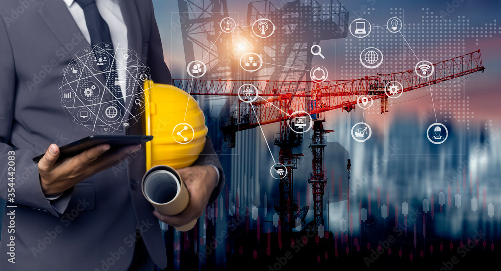 Poster double exposure engineering using digital technology interfaces icon with construction cranes no cit