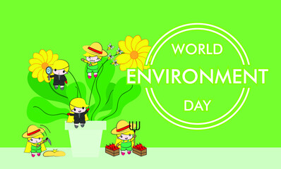 World Environment Day illustration of happy people playing with green plant and yellow flower. Social awareness concept for nature conservation event.