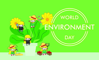 Obraz premium World Environment Day illustration of happy people playing with green plant and yellow flower. Social awareness concept for nature conservation event.