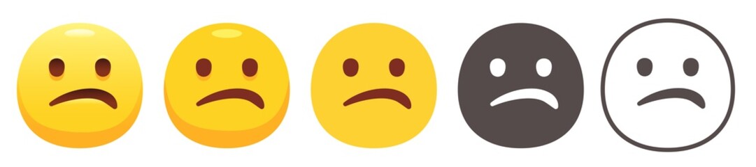 Confused emoji. Nonplussed yellow face with scrunching lips. Unsure emoticon flat vector icon set