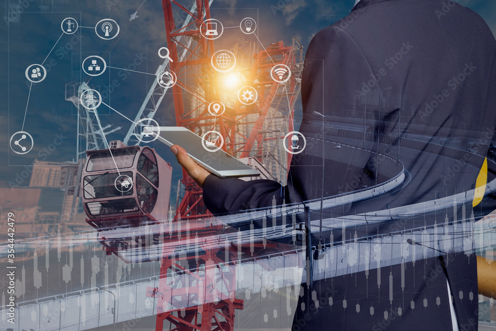 Poster double exposure engineering using digital technology interfaces icon with construction cranes no cit