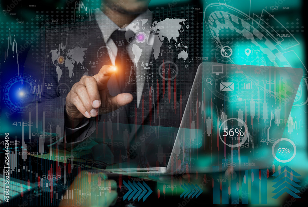 Poster digital marketing of businessman using tablet analyzing sales data and economic growth graph chart, 