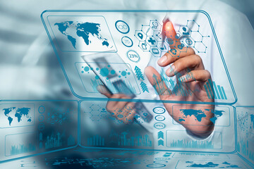 Medical technology and futuristic concept. Doctor hologram modern virtual screen interface. Coronavirus.