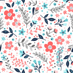 Seamless surface repeat vector pattern with little orange, pink, blue and gray flowers, leaves and berries on a white background