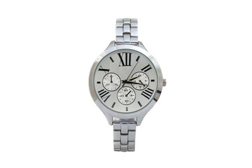 Silver colored elegant chronograph wristwatch with metal oyster bracelet, white dial face and roman numerals isolated on white background.