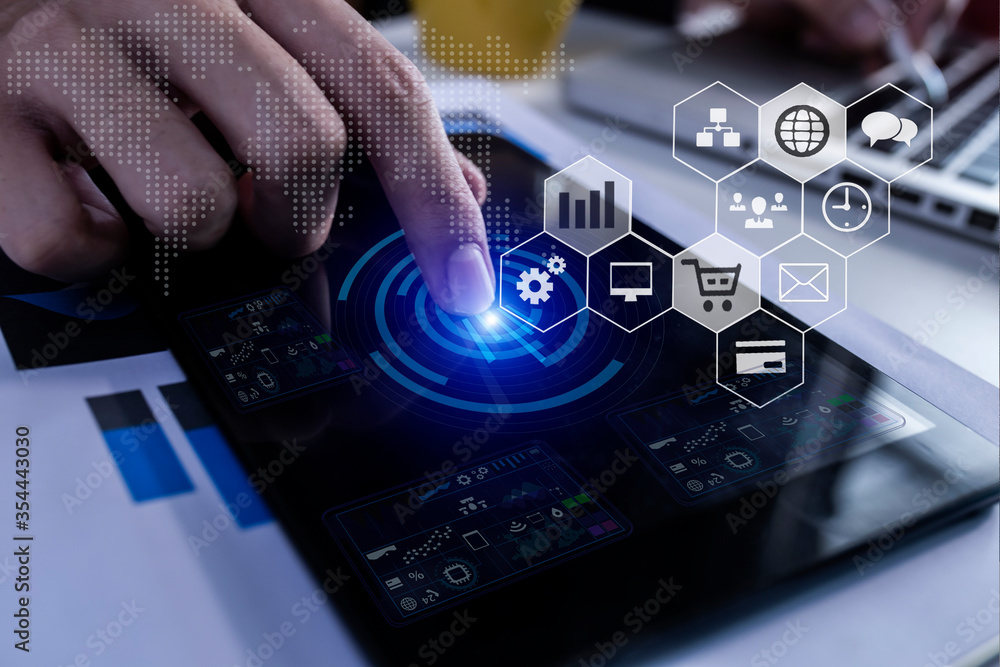 Poster businessman hands using tablet with technology and interface icon network connection. business strat