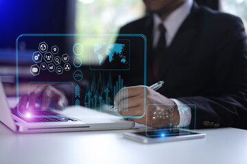  Business hands working on tablet with graphs analysis candle line in office room, Big Data Technology for Business Finance Analytic Concept.