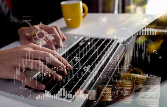  Business hands working on tablet with graphs analysis candle line in office room, Big Data Technology for Business Finance Analytic Concept.